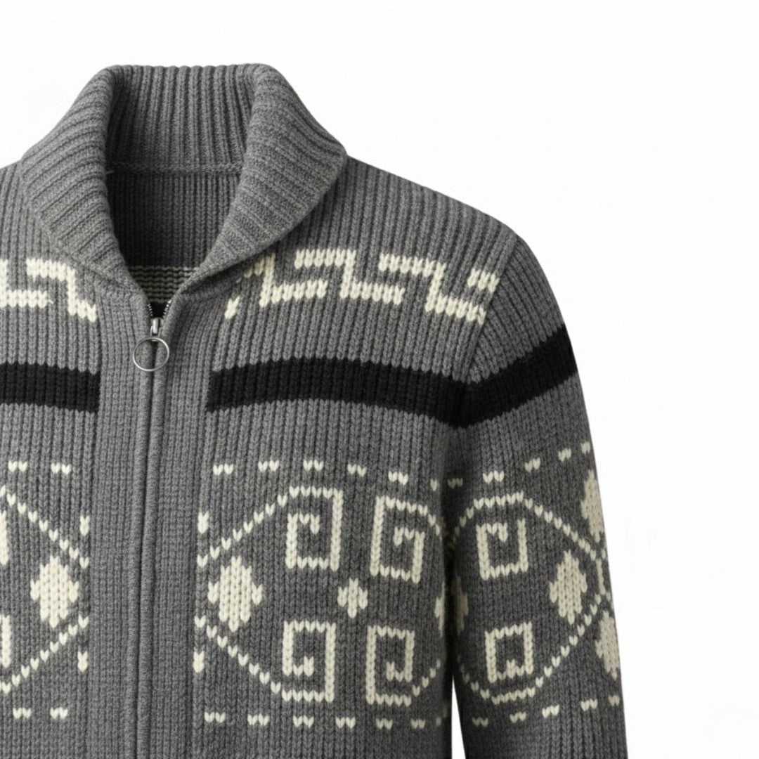 Geometric Pattern Zip Shawl Collar Cardigan