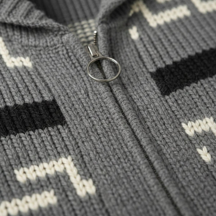 Geometric Pattern Zip Shawl Collar Cardigan