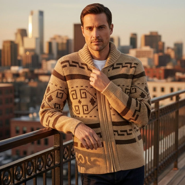Geometric Pattern Zip Shawl Collar Cardigan
