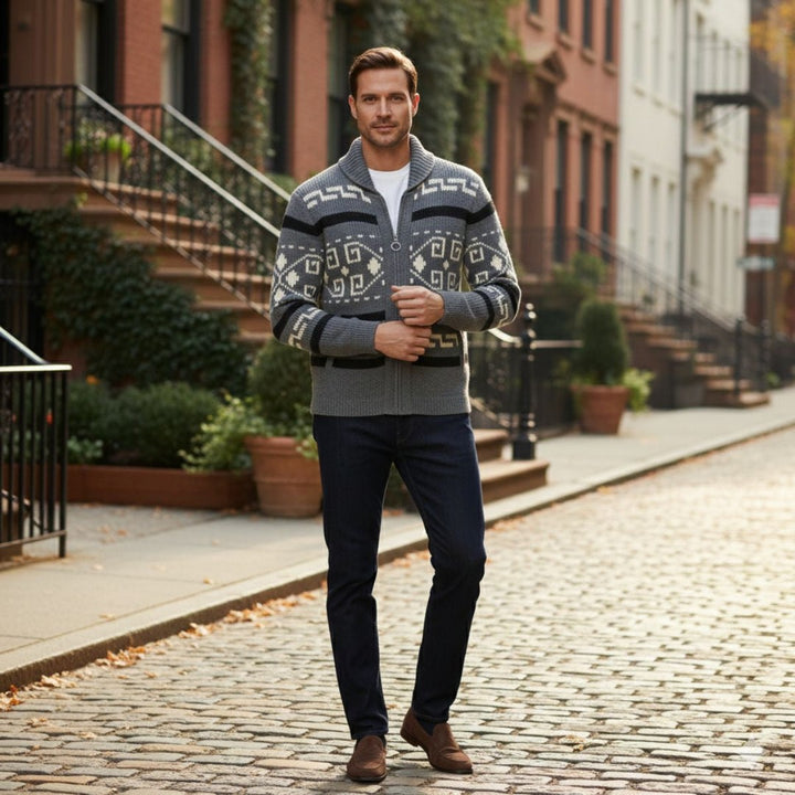 Geometric Pattern Zip Shawl Collar Cardigan