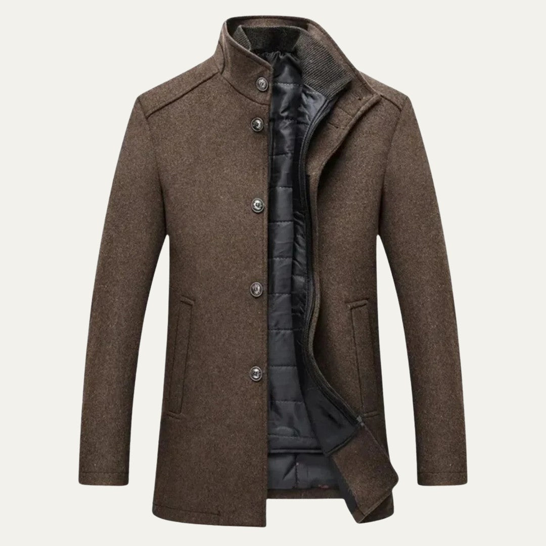 Wool-Look Stand Collar Coat with Quilted Inner Layer