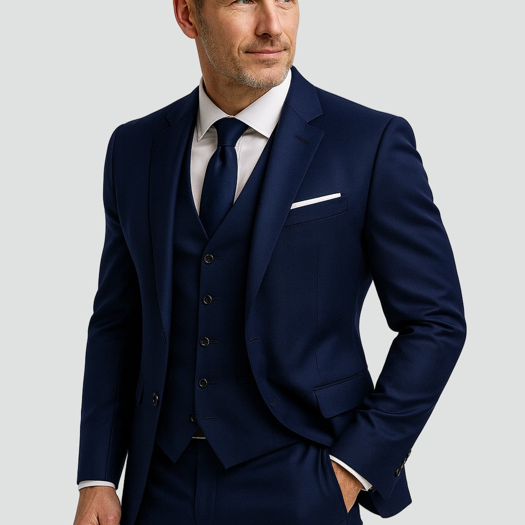 Three-Piece Slim Fit Suit Set with Waistcoat - Navy Blue