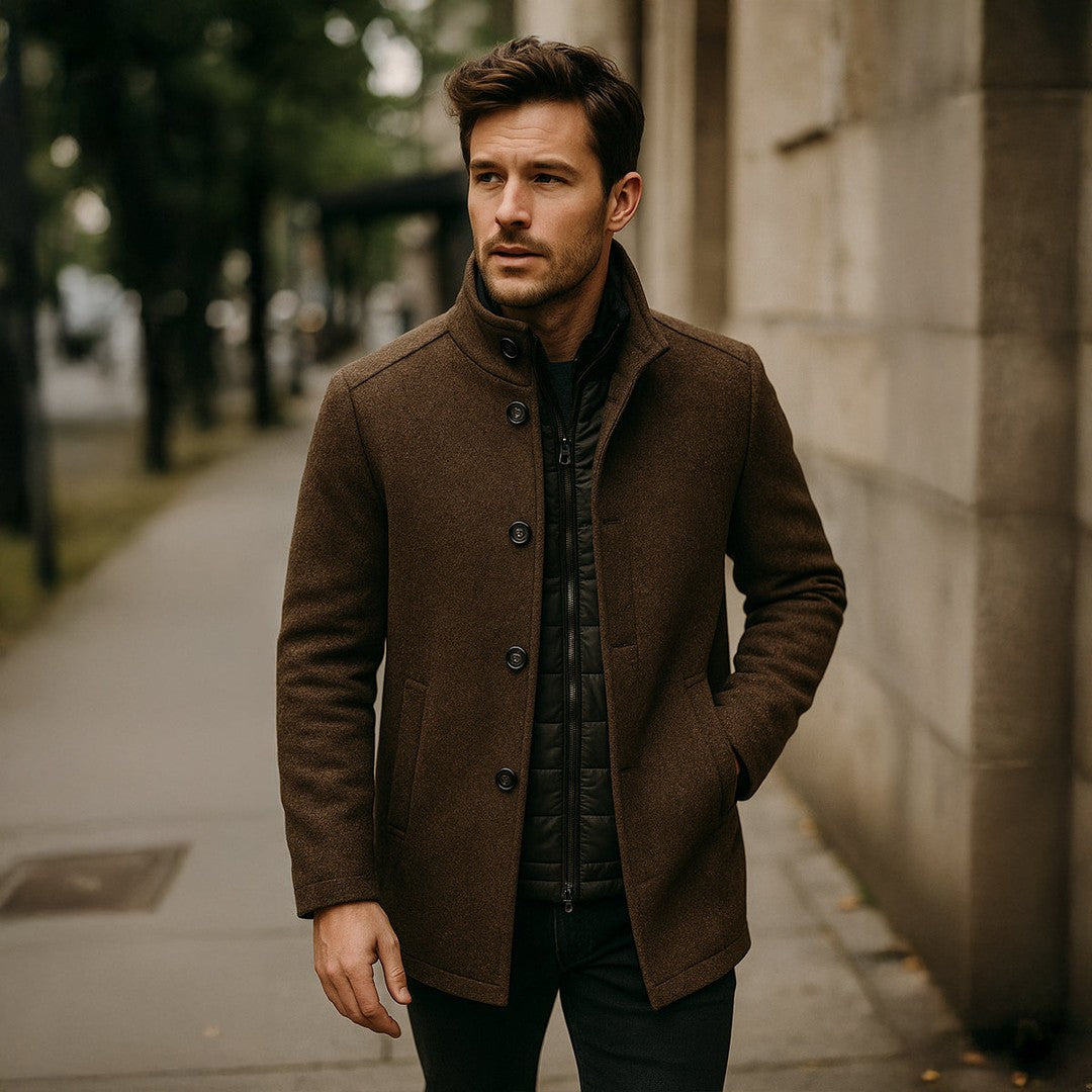 Wool-Look Stand Collar Coat with Quilted Inner Layer