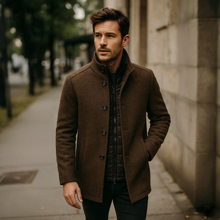 Wool-Look Stand Collar Coat with Quilted Inner Layer