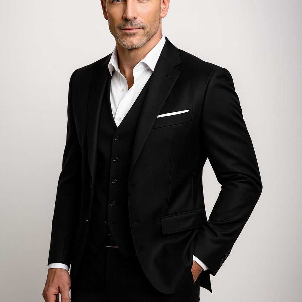 Three-Piece Slim Fit Suit Set with Waistcoat - Black