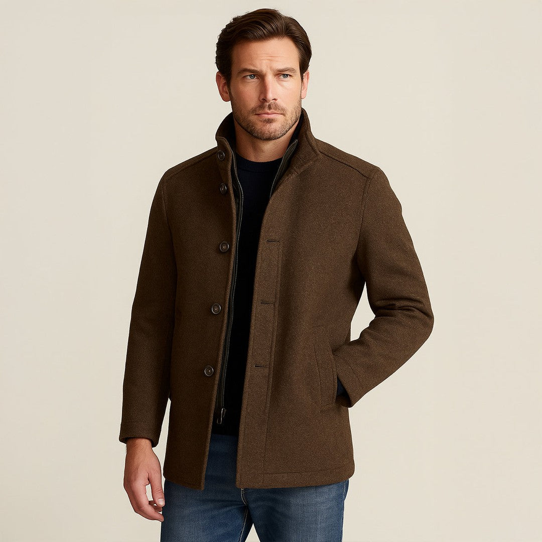 Wool-Look Stand Collar Coat with Quilted Inner Layer