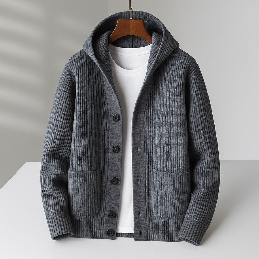 Drawstring Hood Button Cardigan
