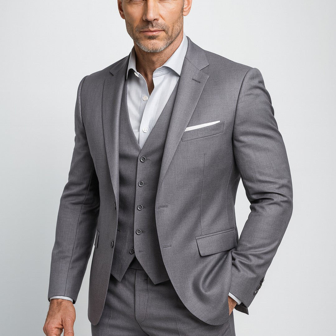 Three-Piece Slim Fit Suit Set with Waistcoat - Grey