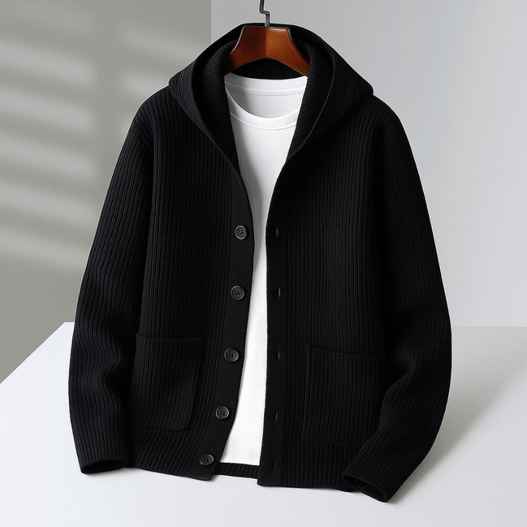 Drawstring Hood Button Cardigan