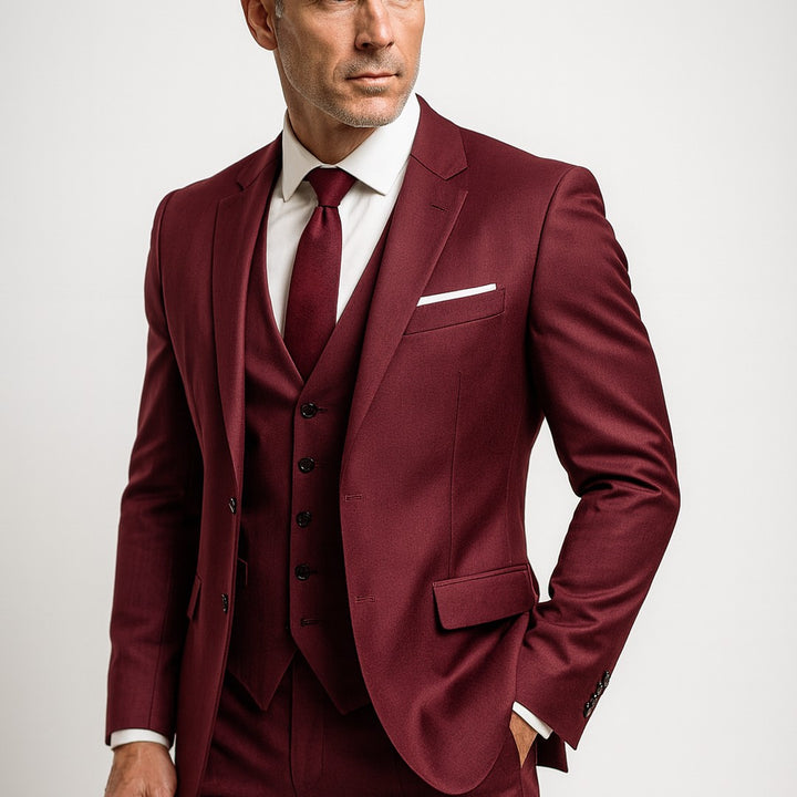 Three-Piece Slim Fit Suit Set with Waistcoat - Wine Red