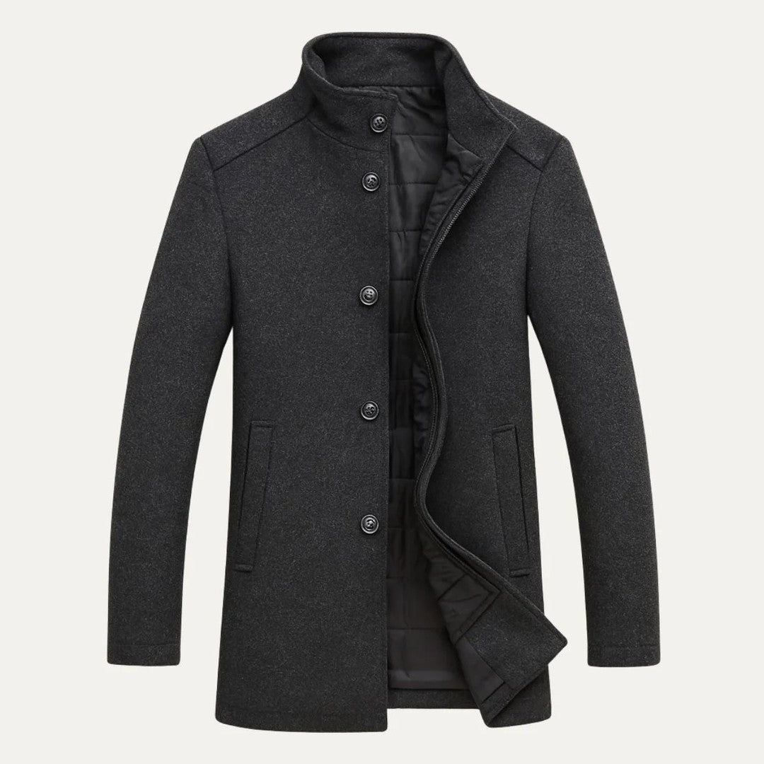 Wool-Look Stand Collar Coat with Quilted Inner Layer