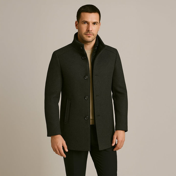 Wool-Look Stand Collar Coat with Quilted Inner Layer