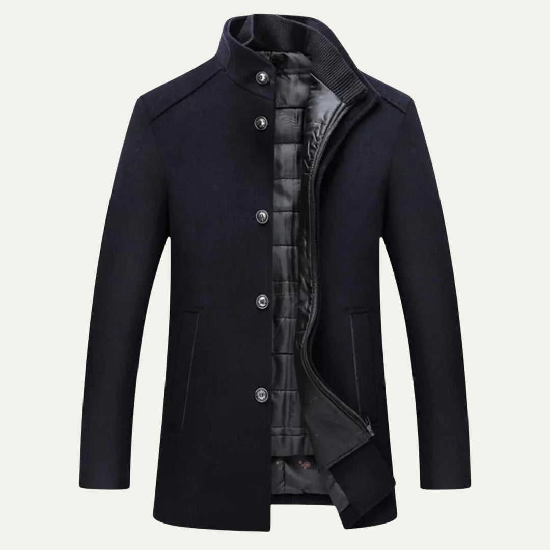 Wool-Look Stand Collar Coat with Quilted Inner Layer