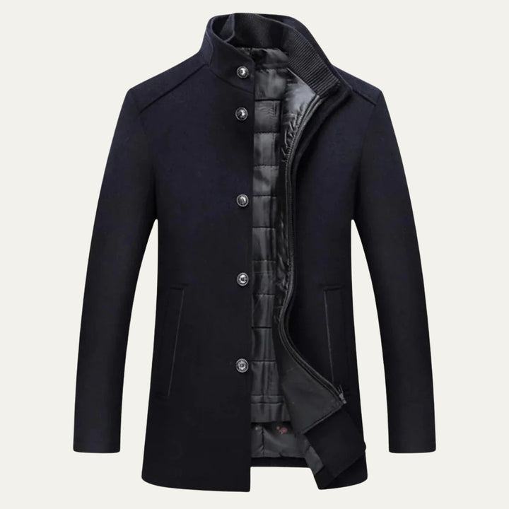 Wool-Look Stand Collar Coat with Quilted Inner Layer
