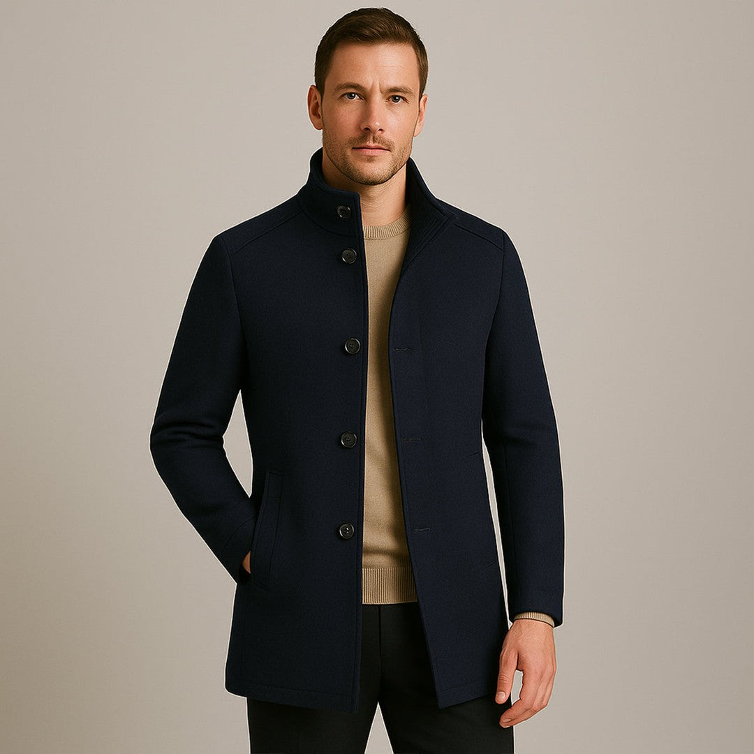 Wool-Look Stand Collar Coat with Quilted Inner Layer