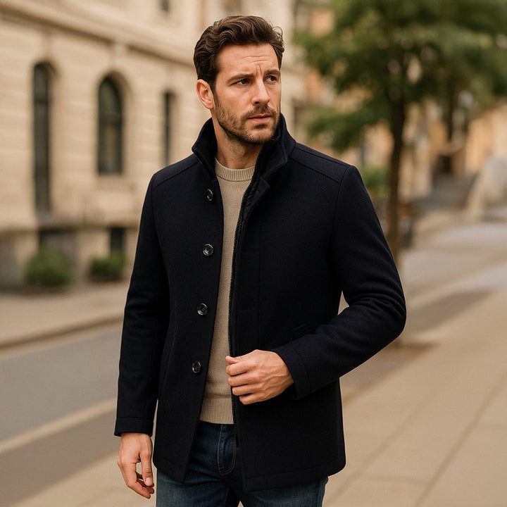 Wool-Look Stand Collar Coat with Quilted Inner Layer
