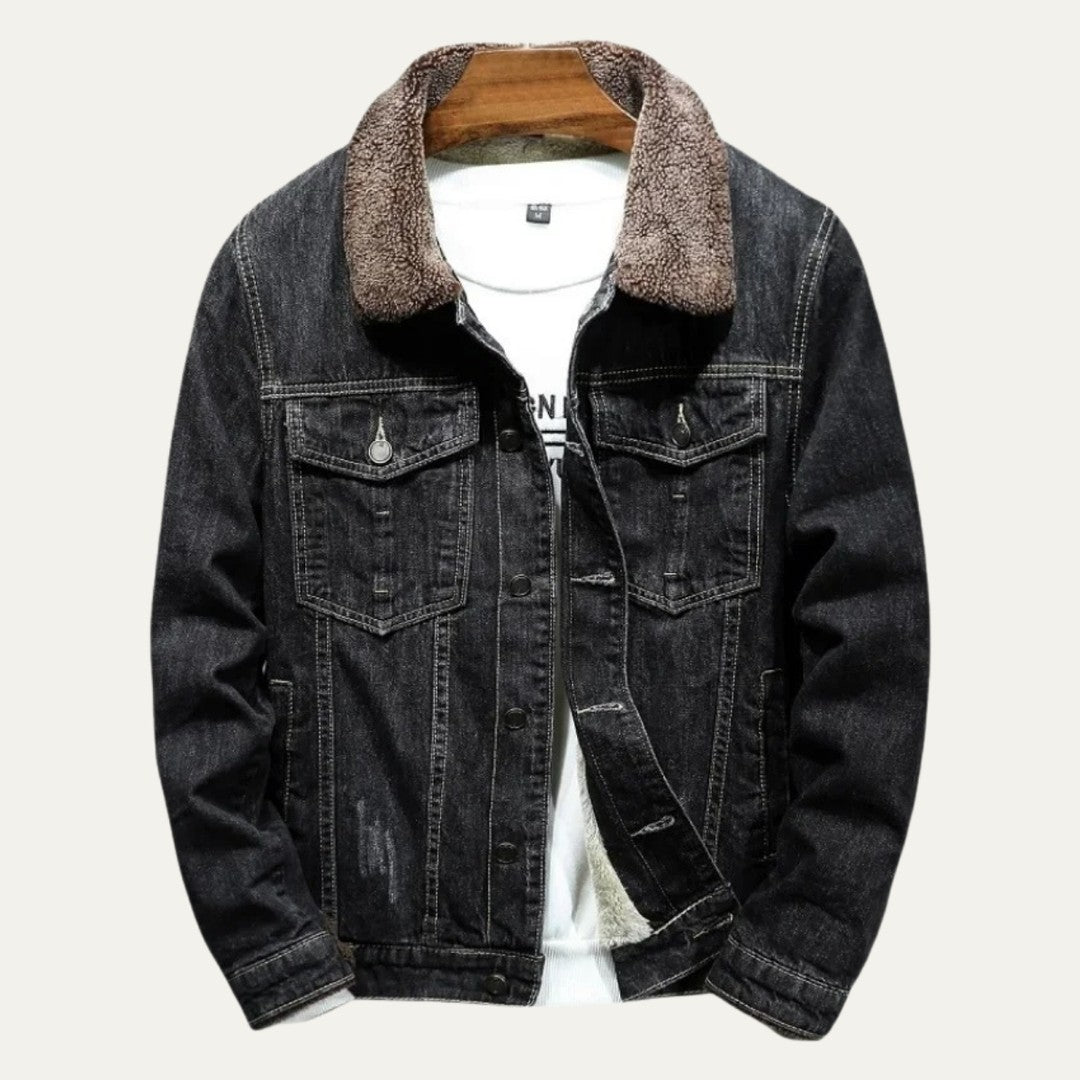 Fleece-Lined Button-Front Denim Jacket with Plush Collar