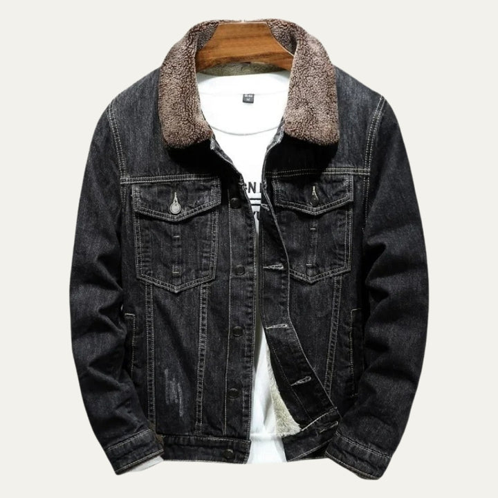 Fleece-Lined Button-Front Denim Jacket with Plush Collar