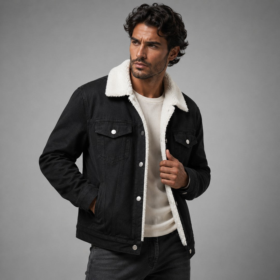 Fleece-Lined Button-Front Denim Jacket with Plush Collar