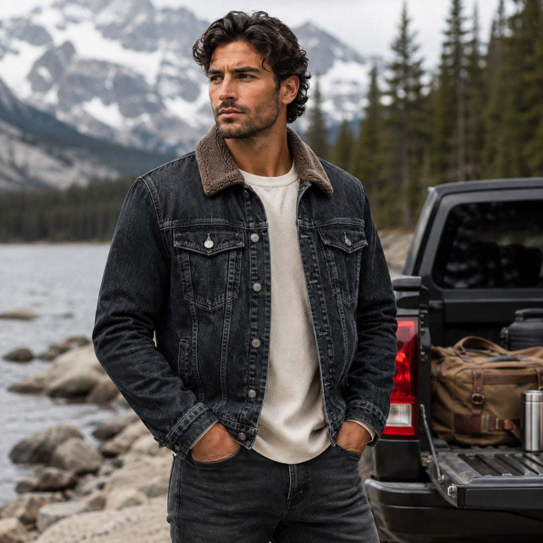 Fleece-Lined Button-Front Denim Jacket with Plush Collar