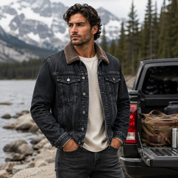 Fleece-Lined Button-Front Denim Jacket with Plush Collar