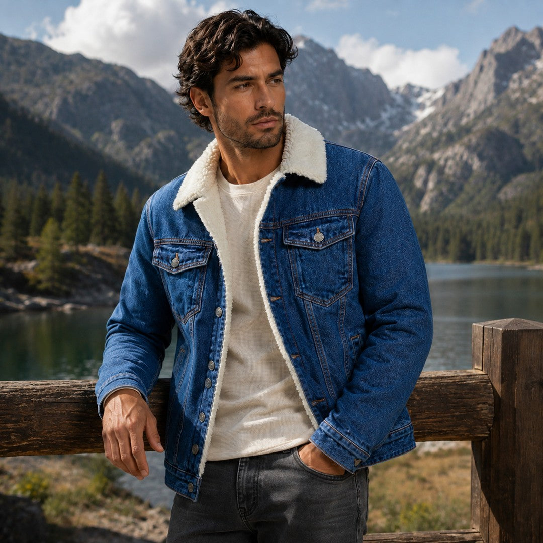 Fleece-Lined Button-Front Denim Jacket with Plush Collar