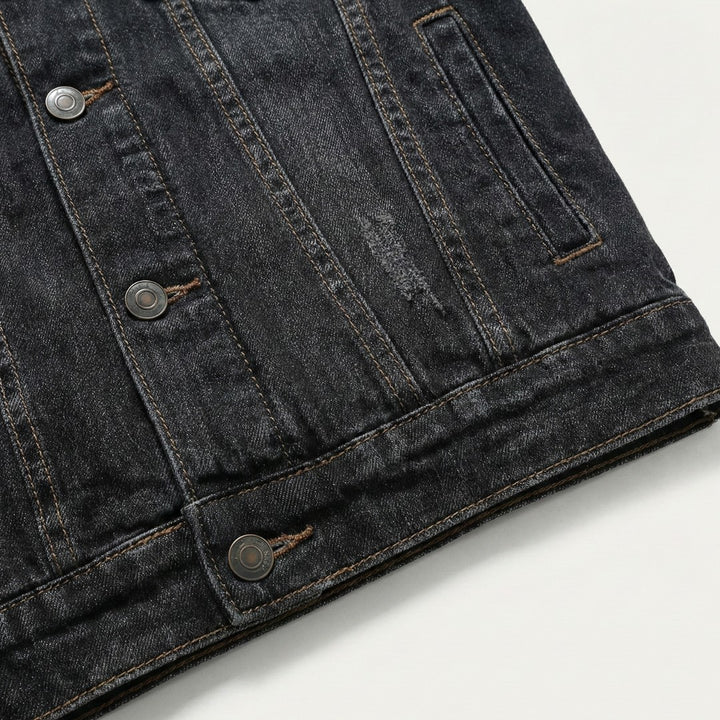 Fleece-Lined Button-Front Denim Jacket with Plush Collar
