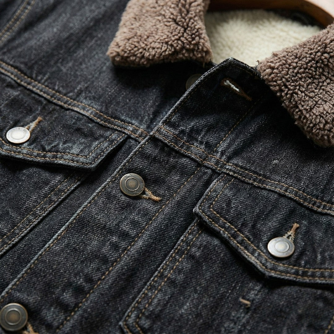Fleece-Lined Button-Front Denim Jacket with Plush Collar