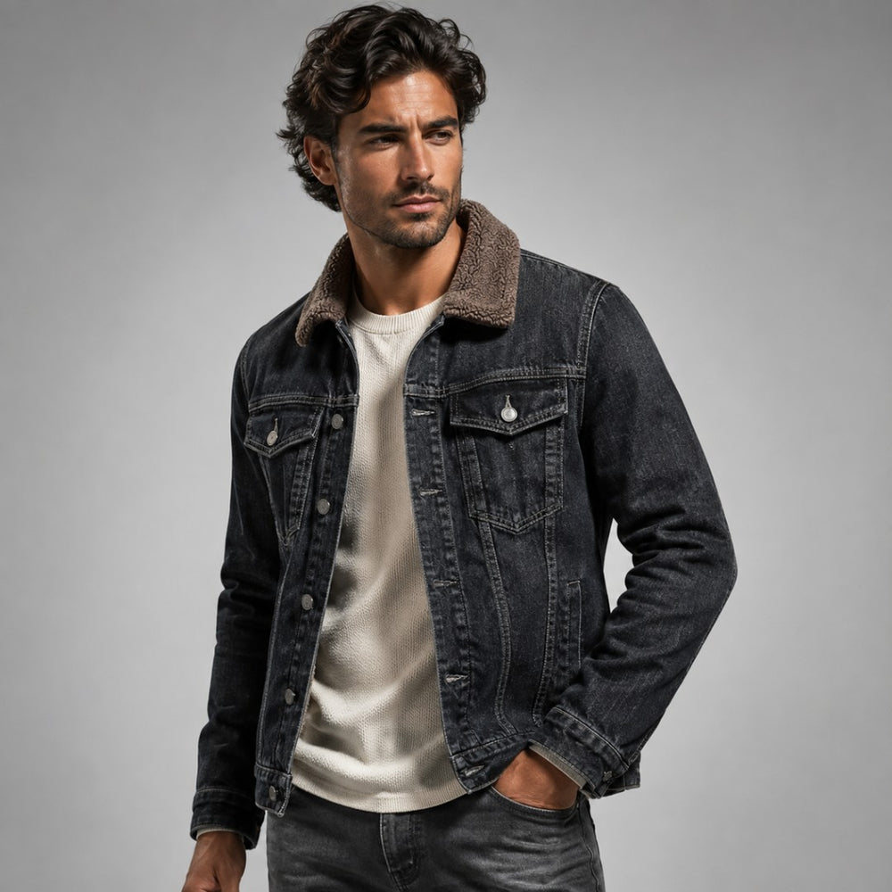 Fleece-Lined Button-Front Denim Jacket with Plush Collar