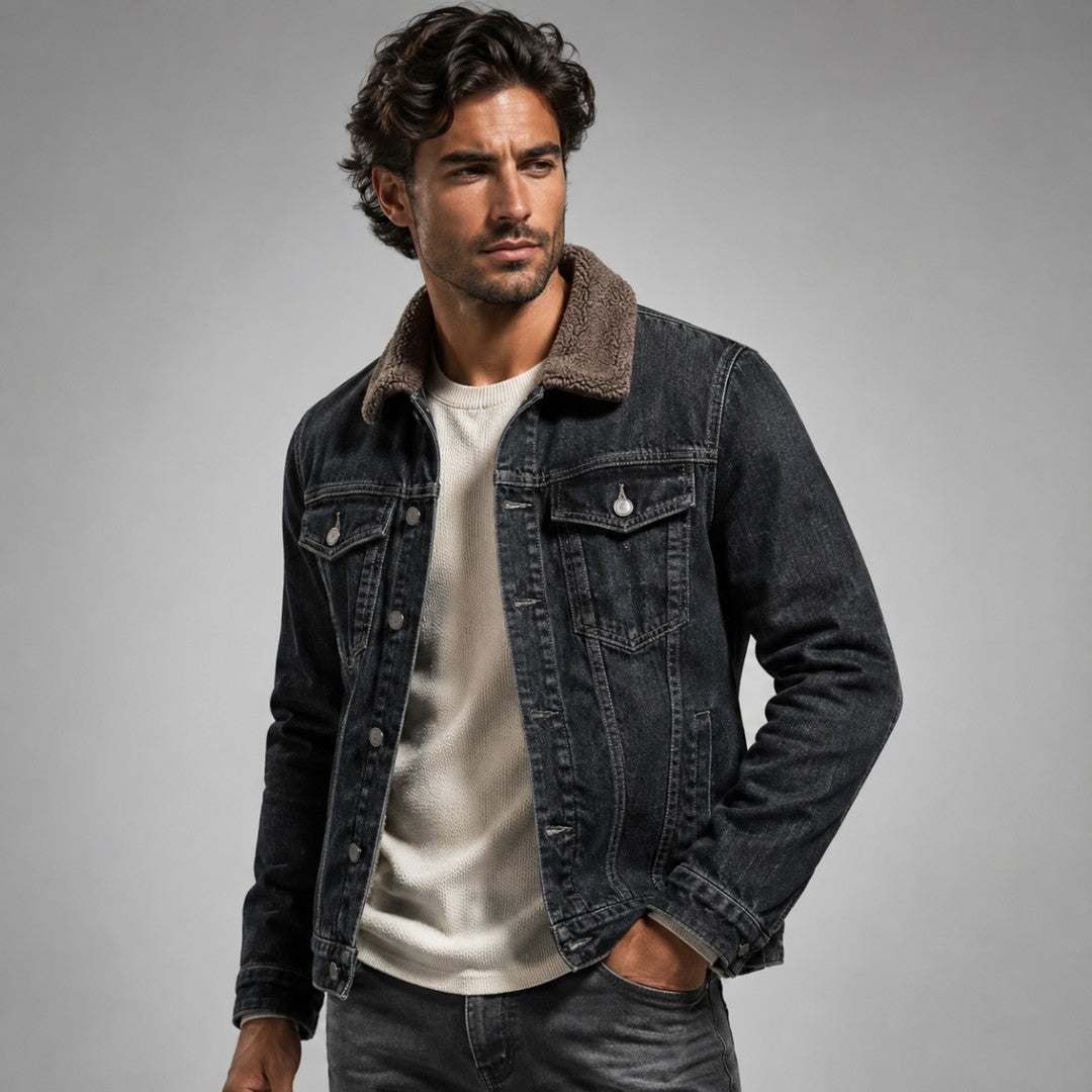 Fleece-Lined Button-Front Denim Jacket with Plush Collar