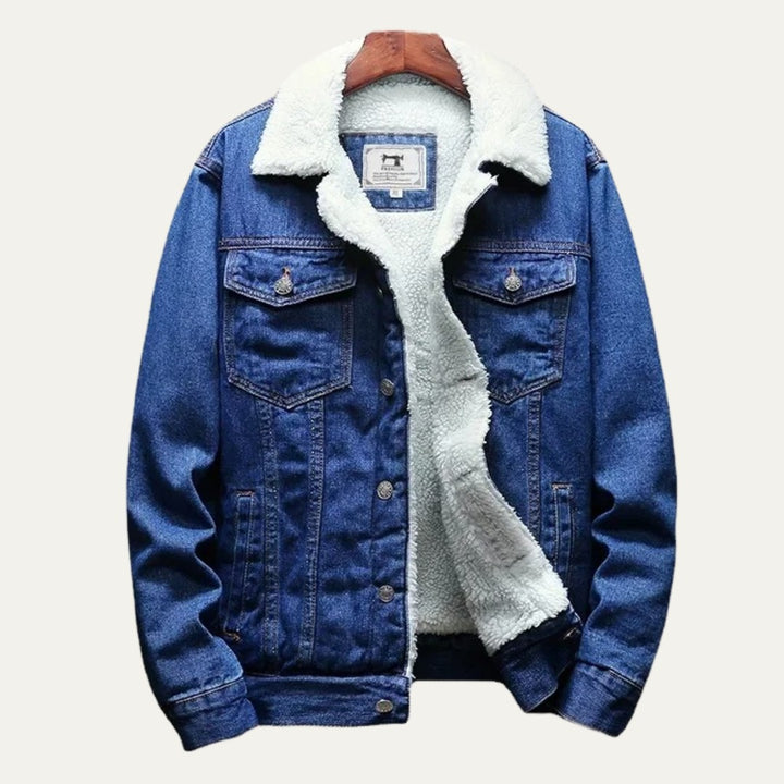 Fleece-Lined Button-Front Denim Jacket with Plush Collar