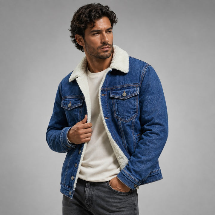 Fleece-Lined Button-Front Denim Jacket with Plush Collar