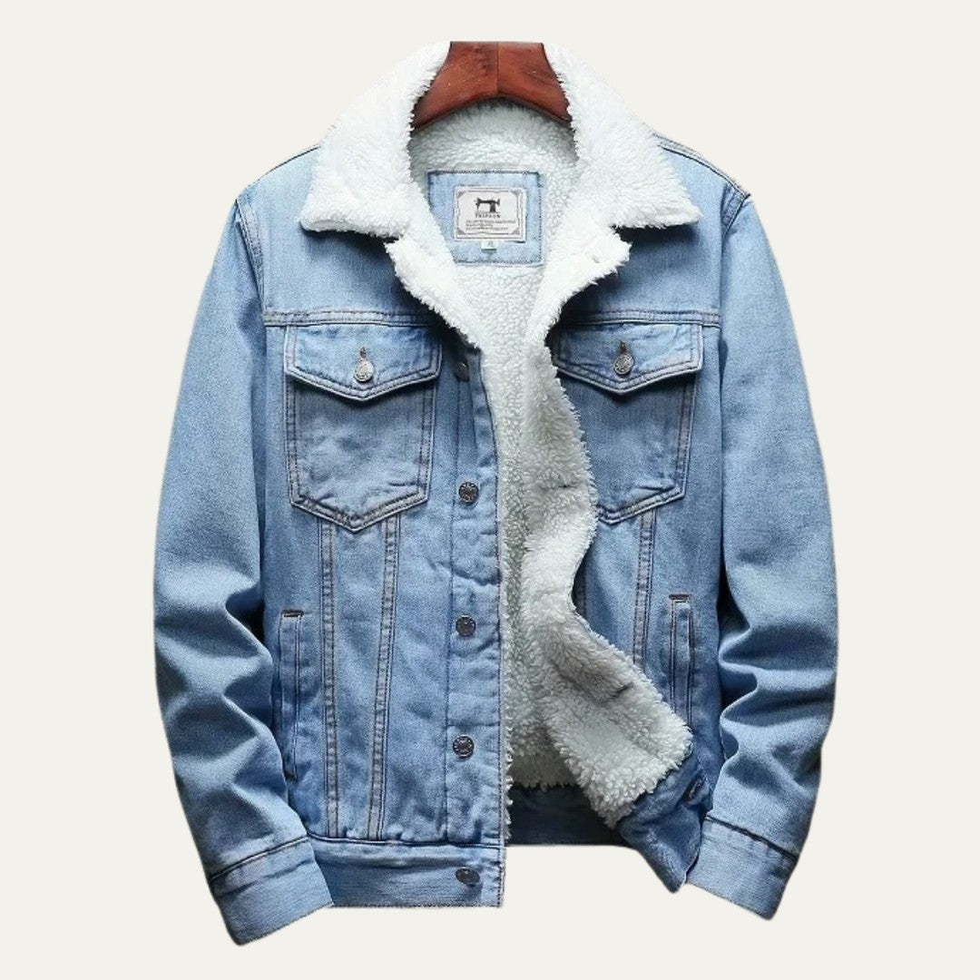 Fleece-Lined Button-Front Denim Jacket with Plush Collar