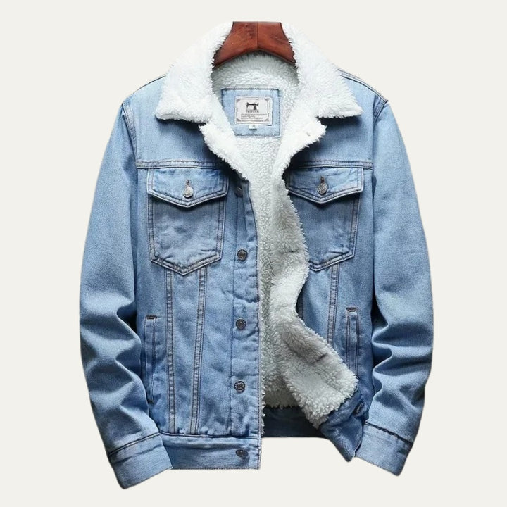 Fleece-Lined Button-Front Denim Jacket with Plush Collar