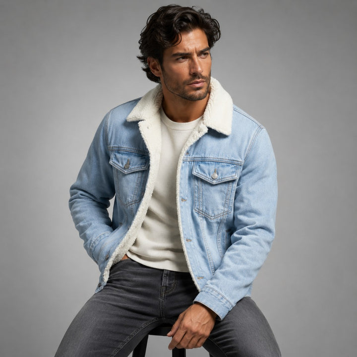 Fleece-Lined Button-Front Denim Jacket with Plush Collar