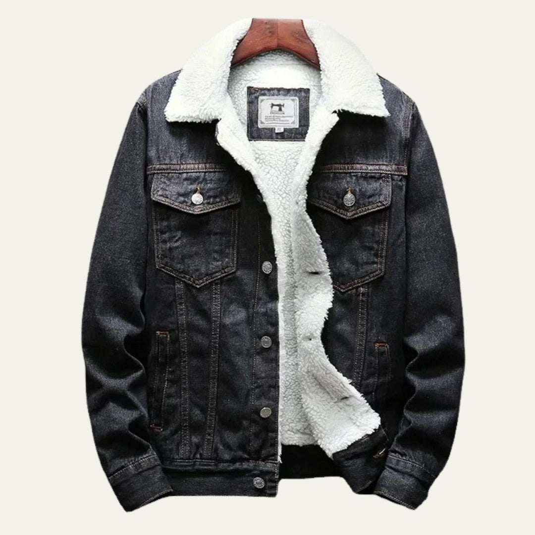 Fleece-Lined Button-Front Denim Jacket with Plush Collar