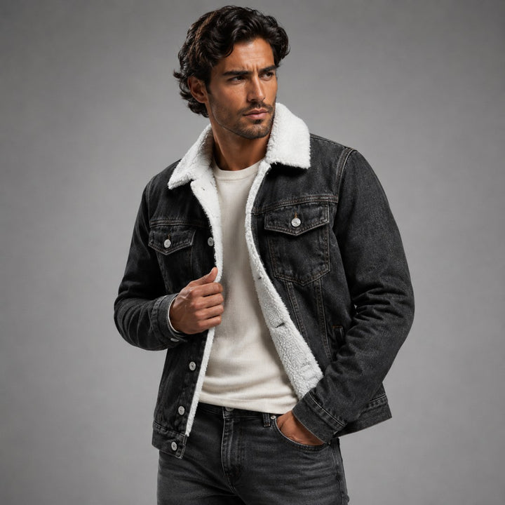 Fleece-Lined Button-Front Denim Jacket with Plush Collar