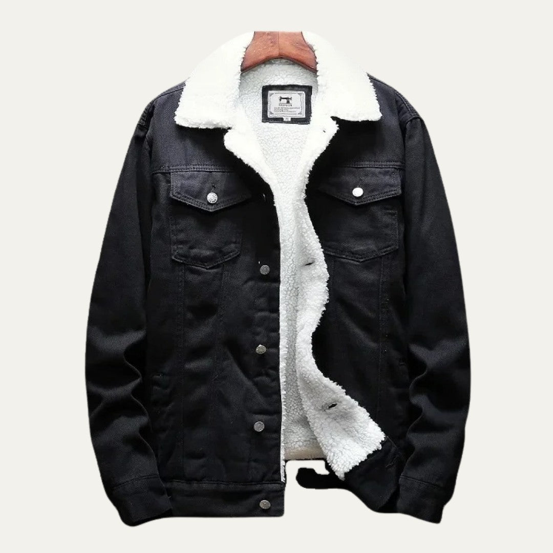 Fleece-Lined Button-Front Denim Jacket with Plush Collar