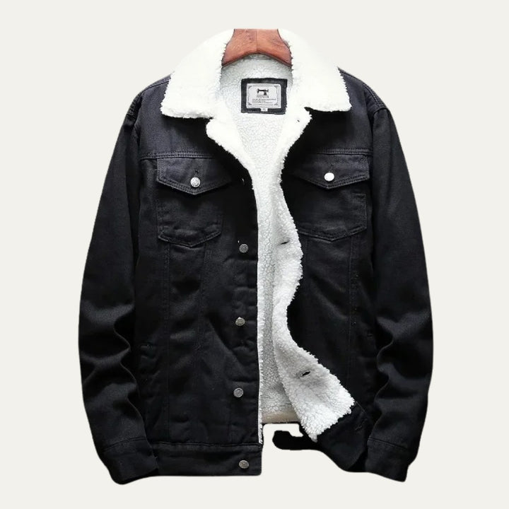 Fleece-Lined Button-Front Denim Jacket with Plush Collar