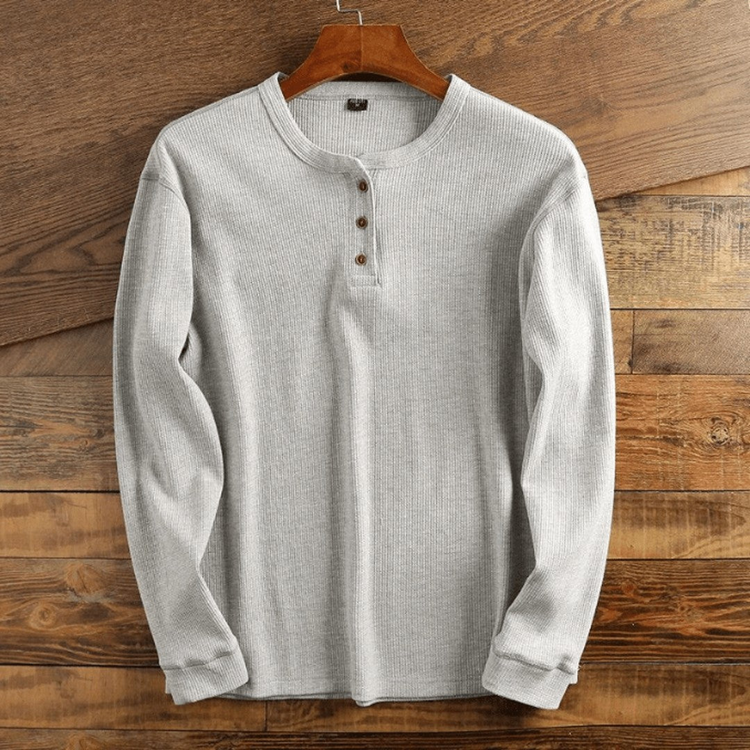 Waffle Knit Henley Shirt - Light Grey