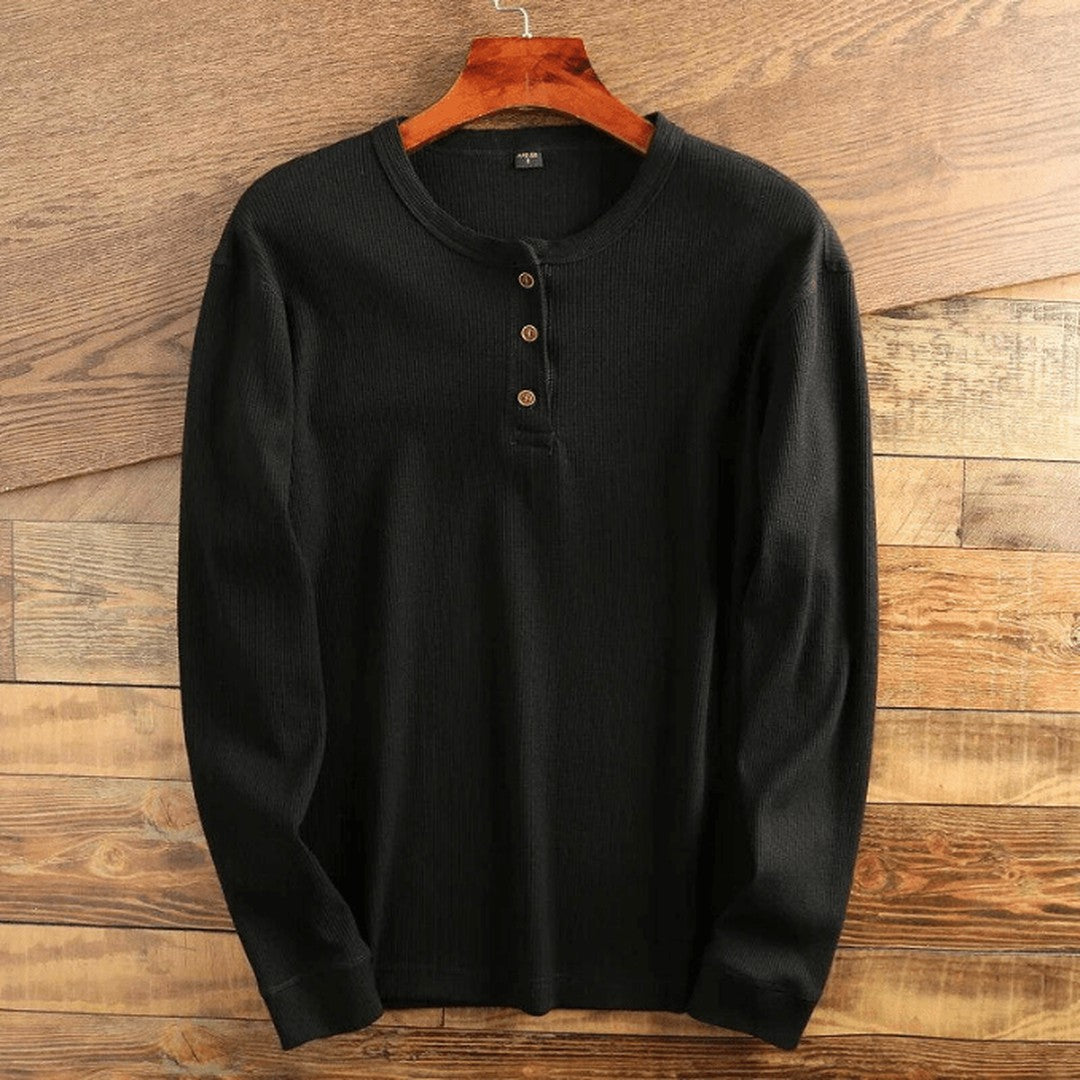 Waffle Knit Henley Shirt - Black
