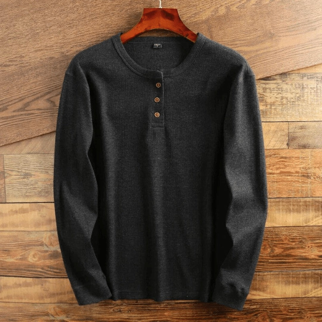 Waffle Knit Henley Shirt - Dark Grey