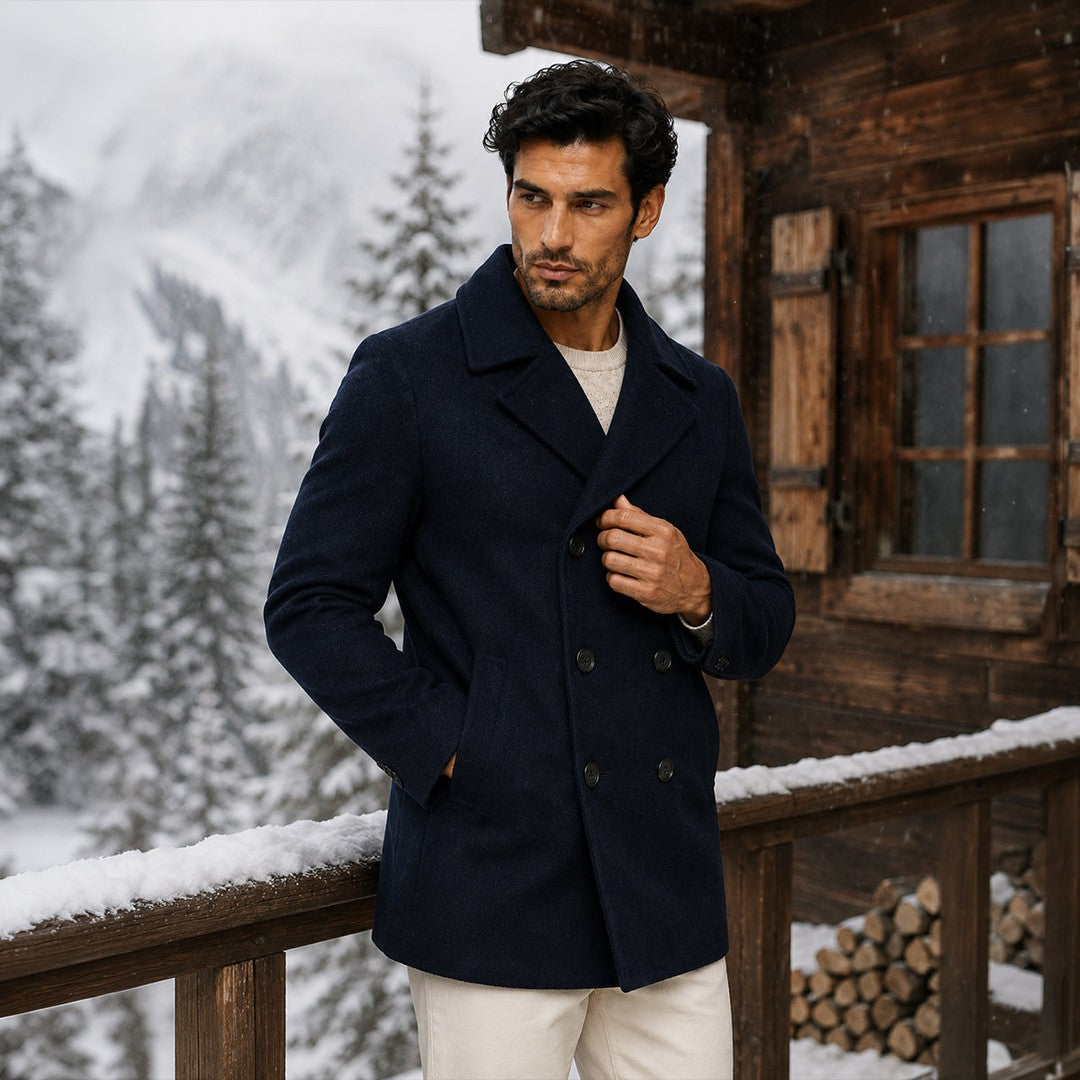 Wide-Lapel Double-Breasted Wool-Look Peacoat