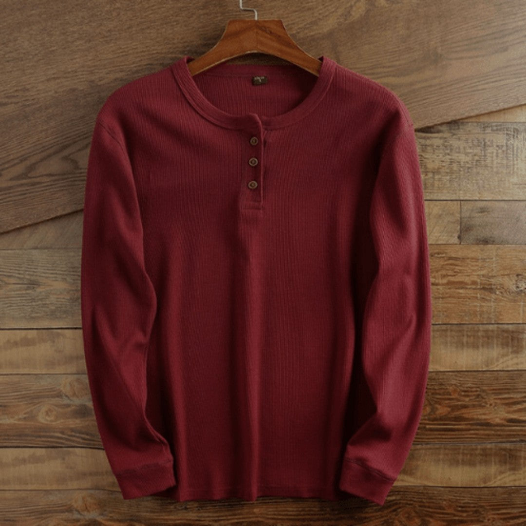 Waffle Knit Henley Shirt - Wine Red