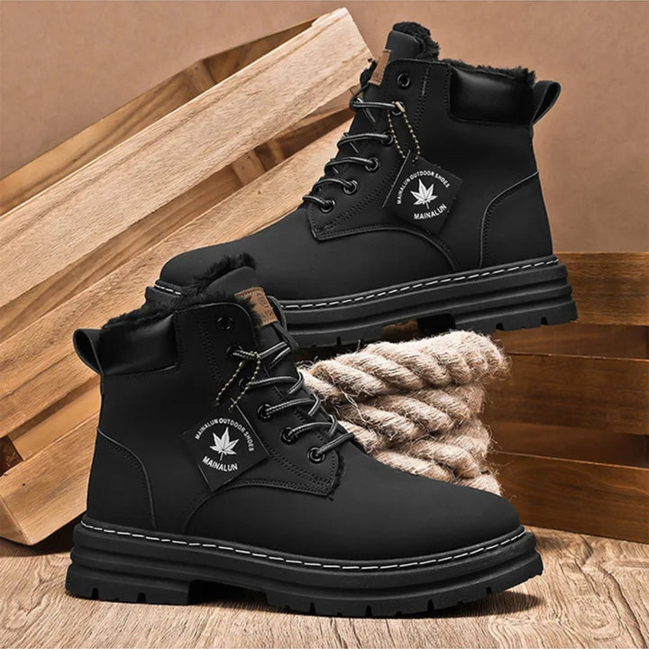 Plush-Collar Lace-Up Boots with Chunky Sole