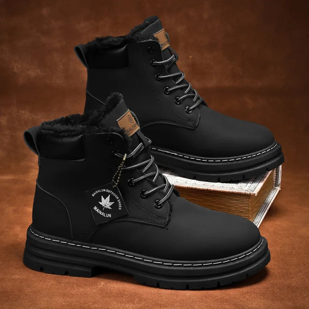 Plush-Collar Lace-Up Boots with Chunky Sole