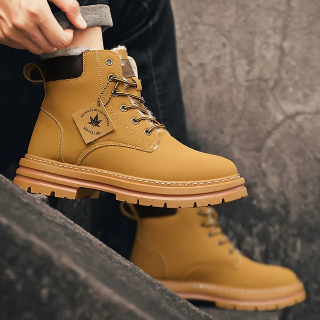Plush-Collar Lace-Up Boots with Chunky Sole