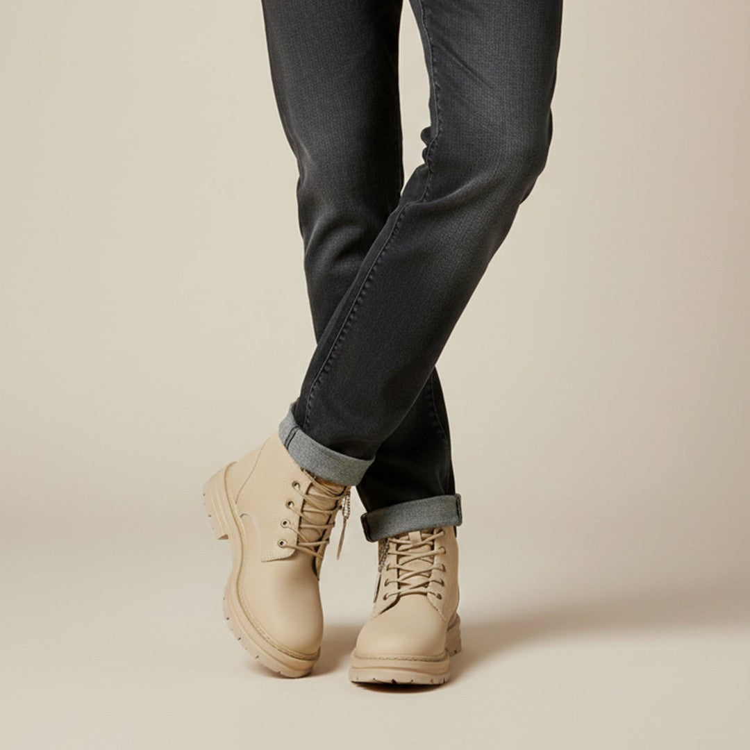 Plush-Collar Lace-Up Boots with Chunky Sole