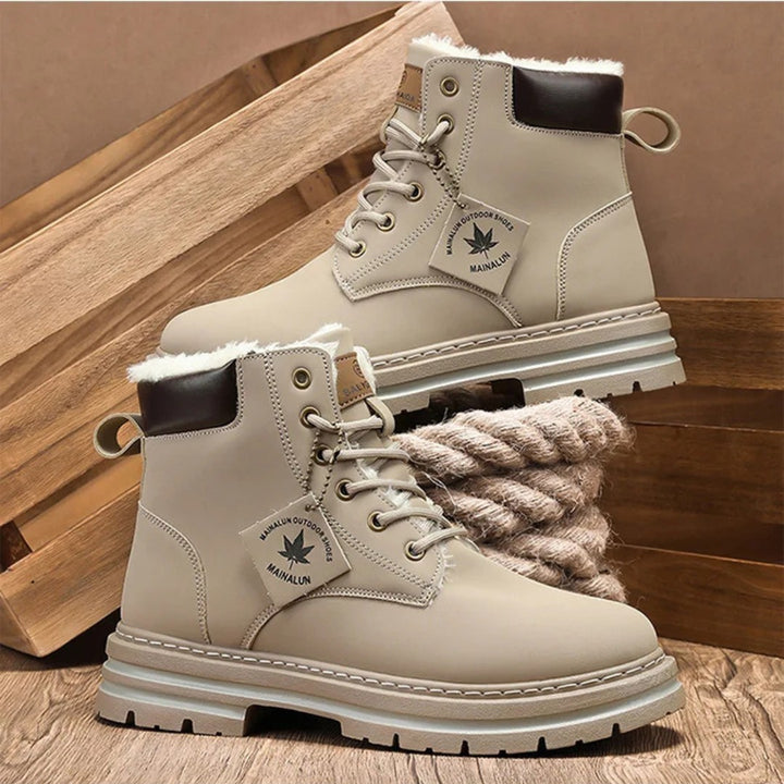 Plush-Collar Lace-Up Boots with Chunky Sole