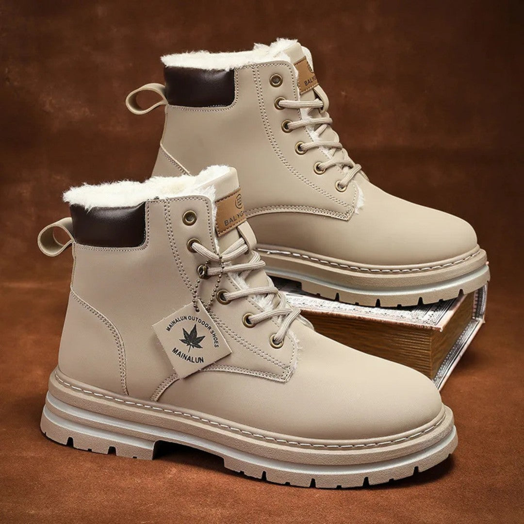 Plush-Collar Lace-Up Boots with Chunky Sole